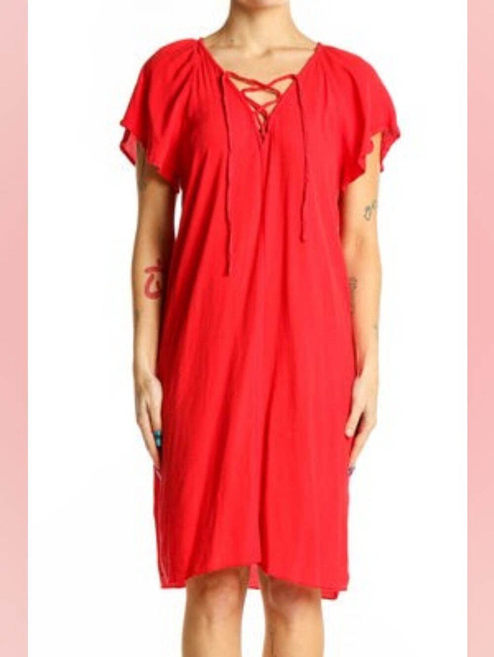 Madewell Red Lace-Up Flutter Sleeve Flowy Loose Breazy Midi Dress S